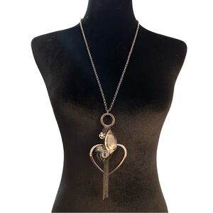 Guess Heart Necklace Hematite Plate Rhinestone Accent Chain Tassel
